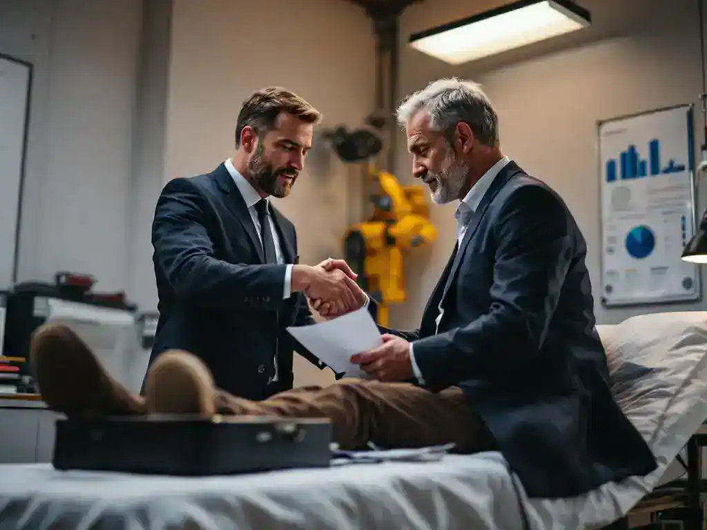 Personal injury lawyer in navy suit shaking hands with injured construction worker in medical office setting.