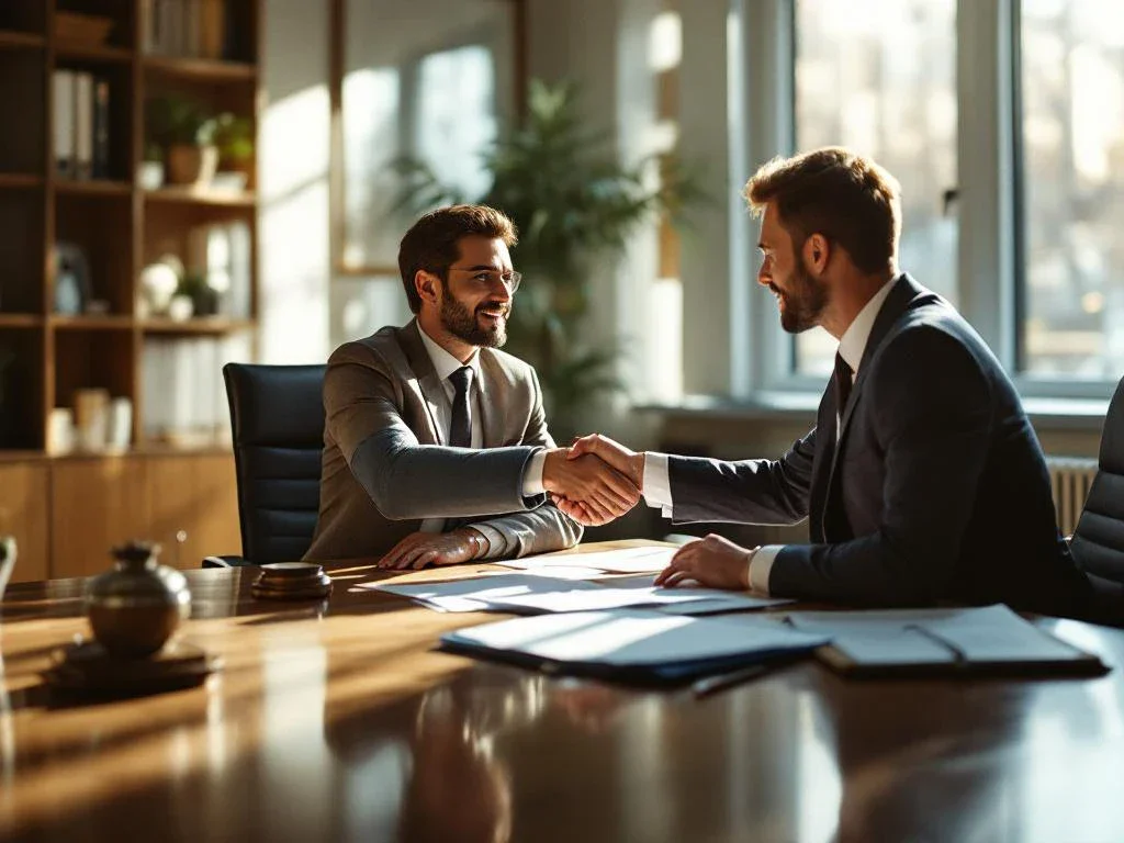 Personal injury lawyer and client shaking hands across desk with legal documents and medical files in modern law office