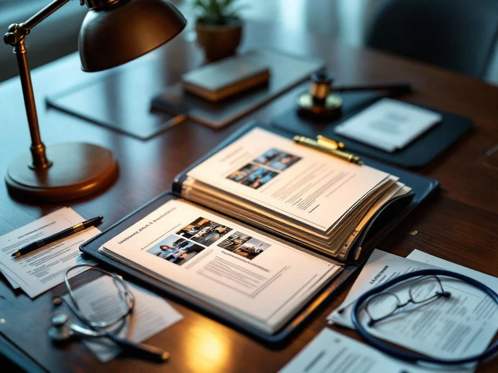 Attorney's mahogany desk with open legal case file, medical reports, stethoscope, and insurance forms under warm desk lamp light.