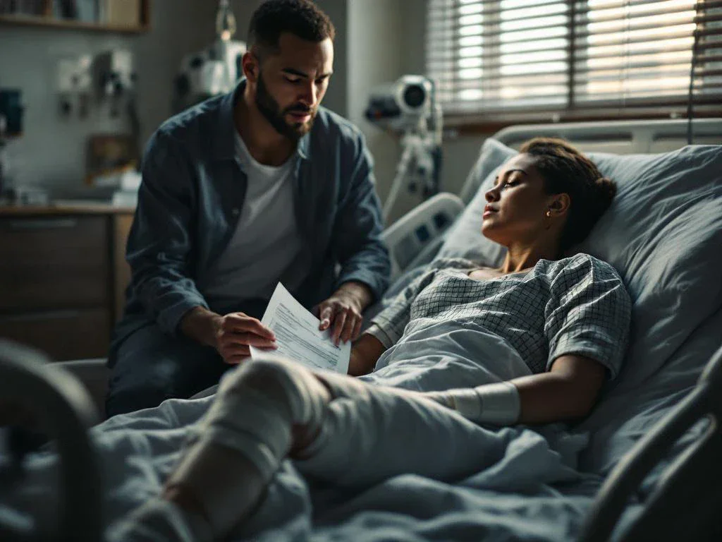 Injured patient in hospital bed with cast and sling, family member holding legal documents beside medical bills on table.
