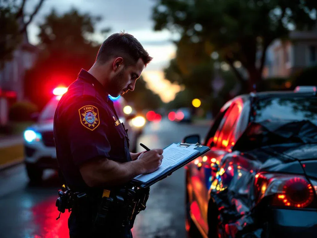 Police officer writing accident report on clipboard next to damaged sedan with emergency lights on wet suburban street.