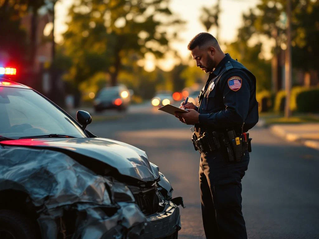 Police officer writing accident report notes beside damaged car with crumpled bumper on suburban street at sunset.