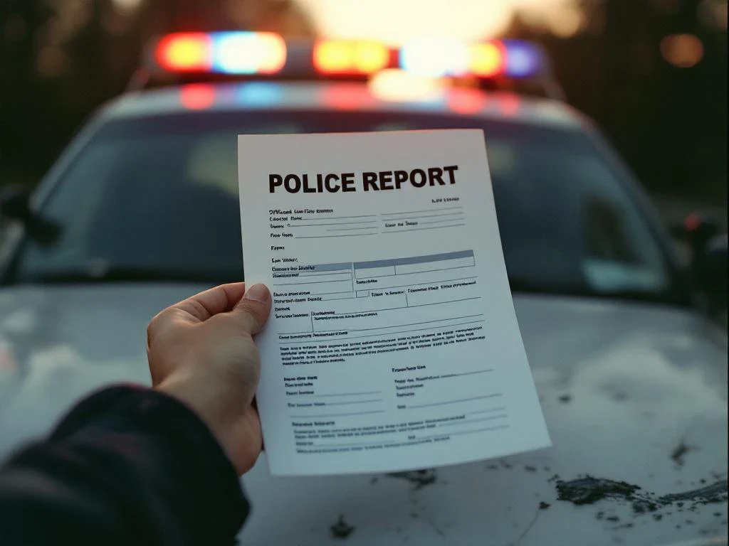 Hand holding police report document on damaged car hood with emergency vehicle lights in background