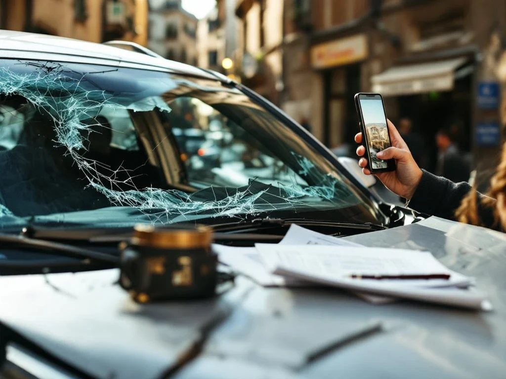 Traveler documenting rental car damage with smartphone on European cobblestone street, cracked windshield and dented bumper visible