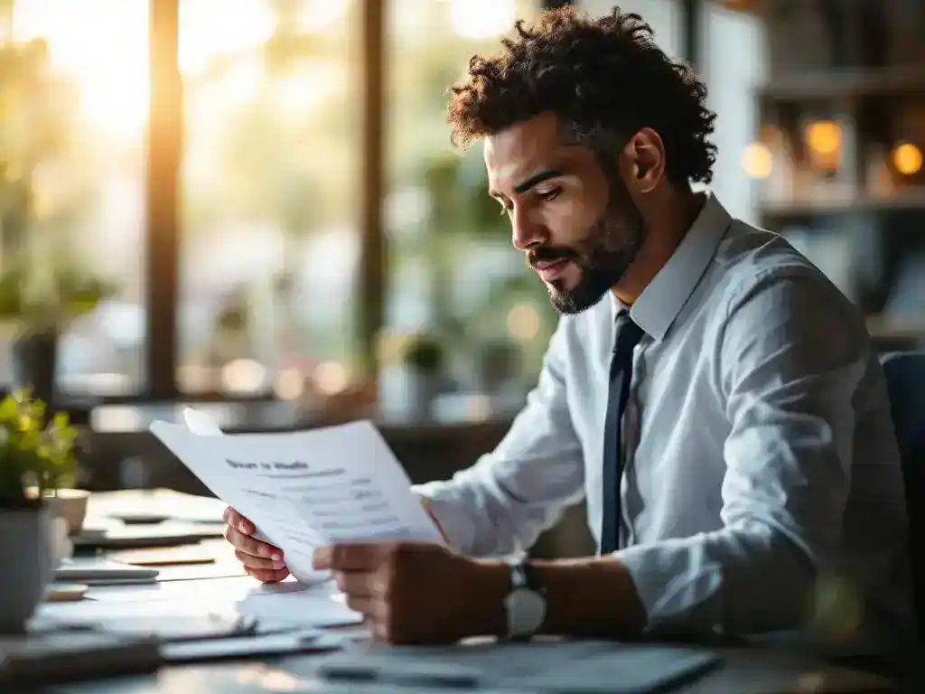Professional office worker with bandaged wrist reviewing return-to-work timeline document at modern desk in bright office