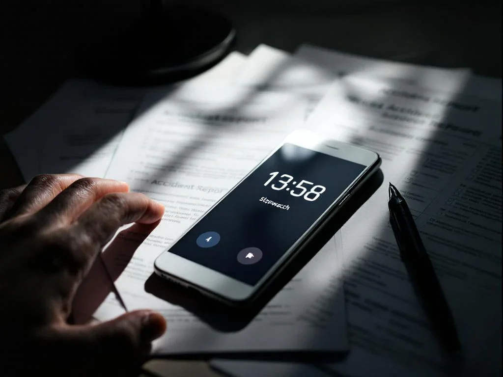 Silver smartphone with digital stopwatch timer on scattered accident report forms with black pen and dramatic lighting.