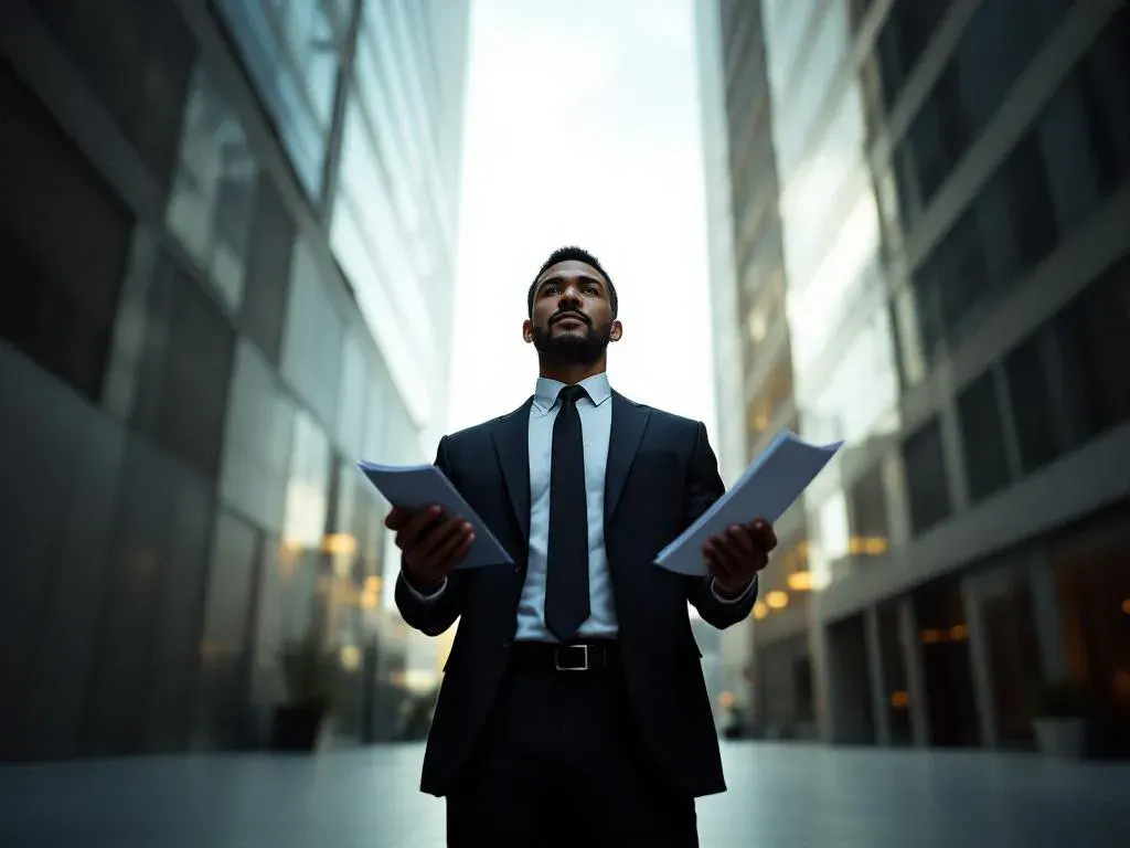 Professional temporary worker in business attire holding legal documents between two office buildings in urban setting.