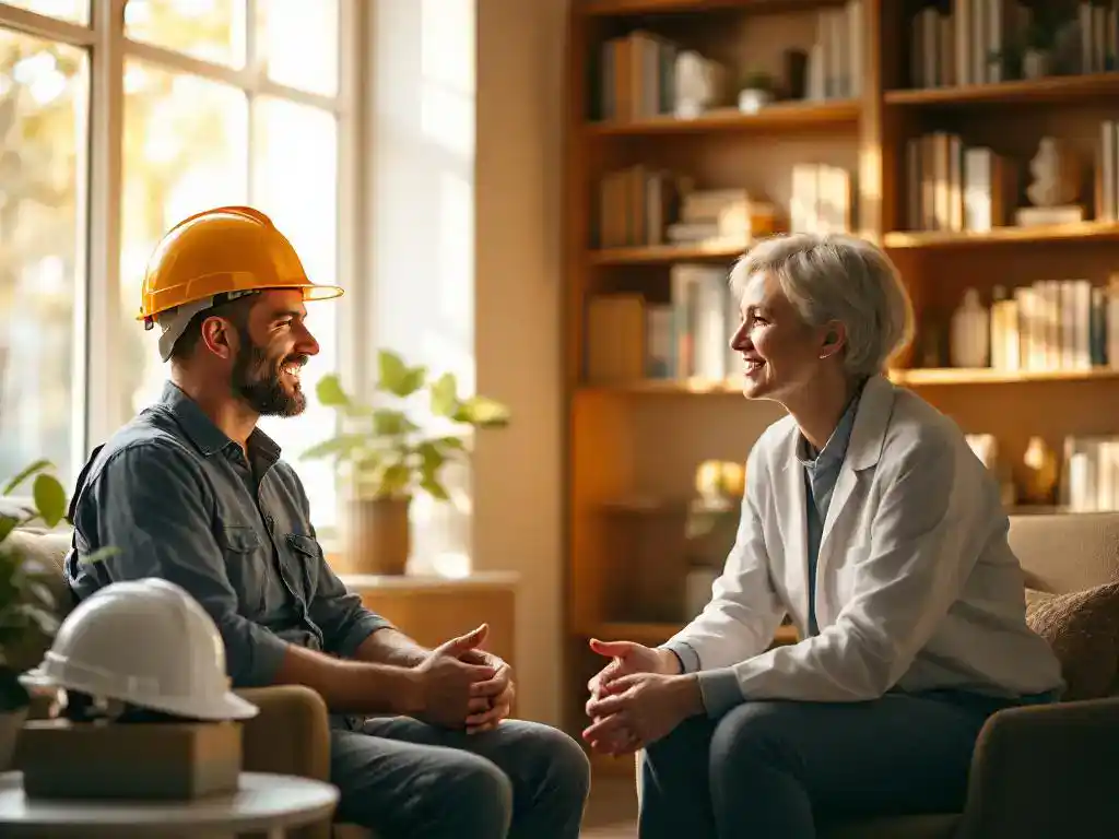 Construction worker in therapy session with counselor in warm, sunlit office, hard hat on side table with tissues nearby.