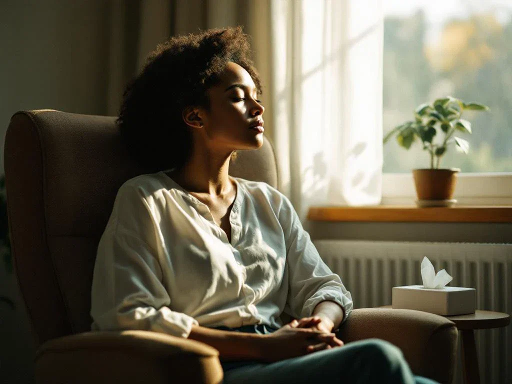 Person sitting peacefully in therapy office chair with contemplative expression, soft natural light, plant and tissues nearby.