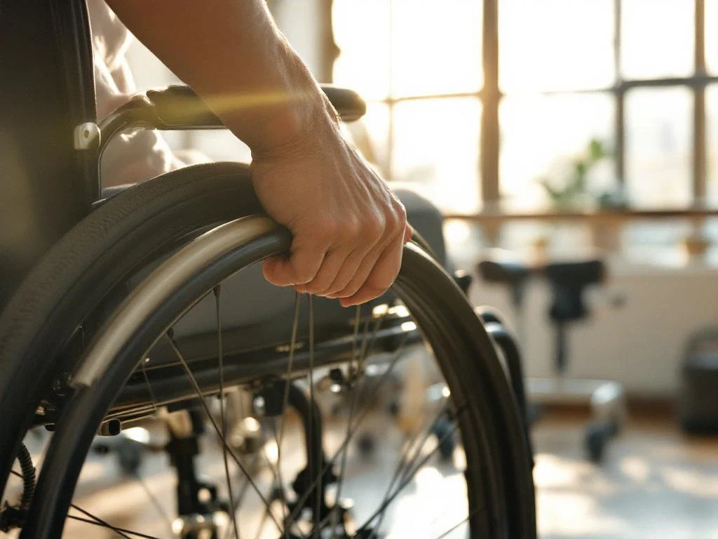 Person in wheelchair gripping wheel rims in bright physical therapy room with parallel bars and medical equipment