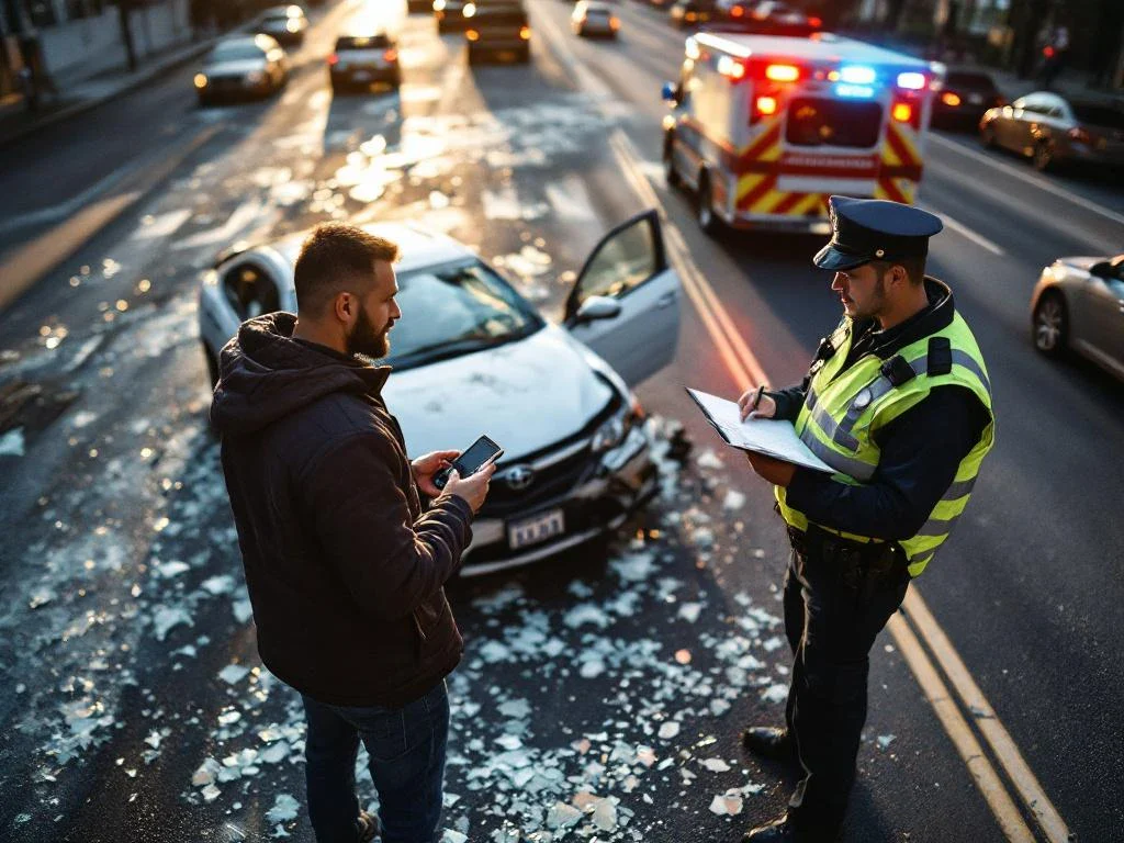 Witness speaking to police officer at car accident scene, holding smartphone while officer takes notes on clipboard
