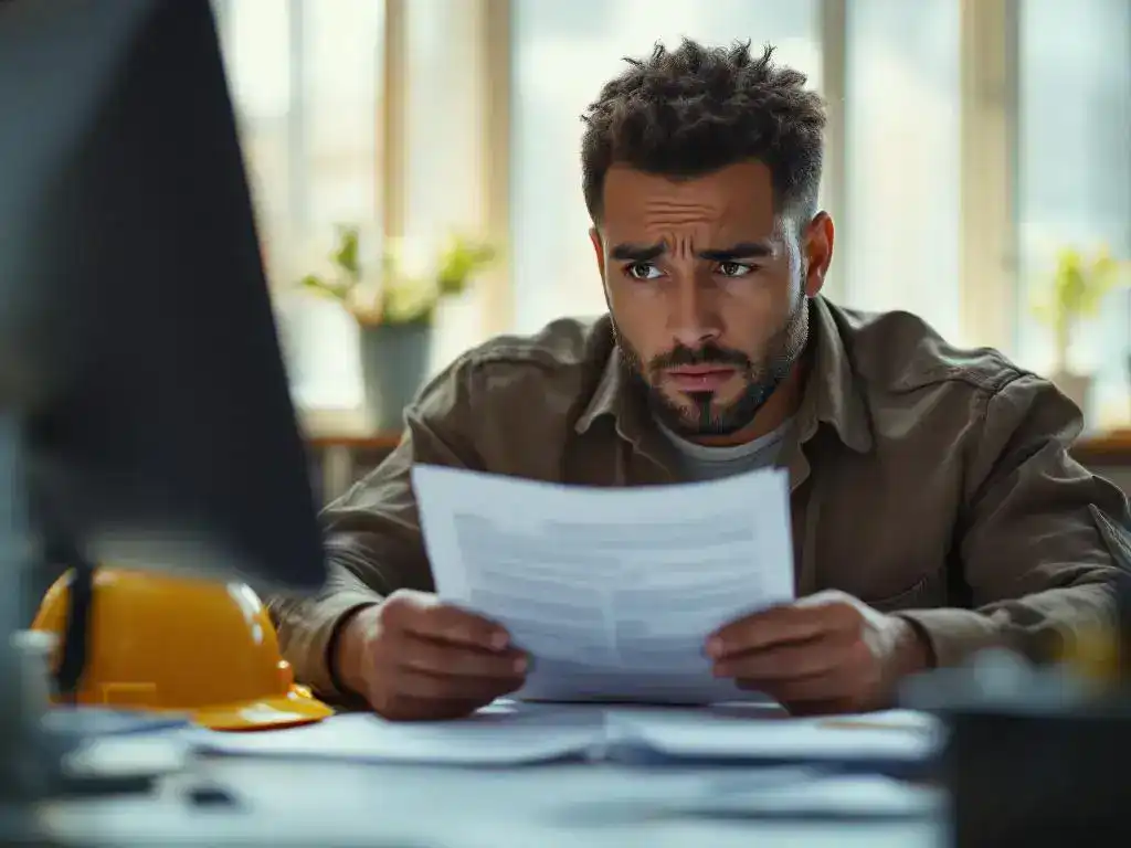 Worried office worker at desk holding medical report with hard hat and safety paperwork nearby in natural office lighting.
