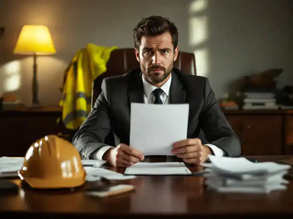 Professional office worker in business attire holding rejection letter with disappointed expression at desk with medical forms