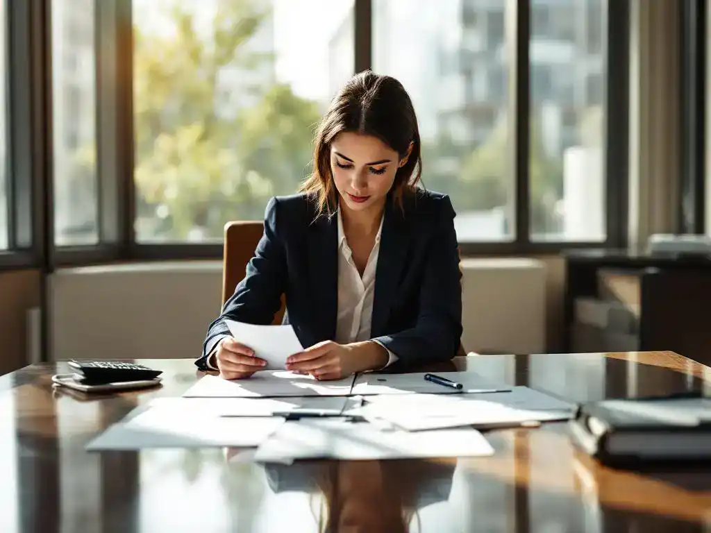Professional businesswoman in navy suit reviewing workers' compensation documents at conference table in sunlit office.