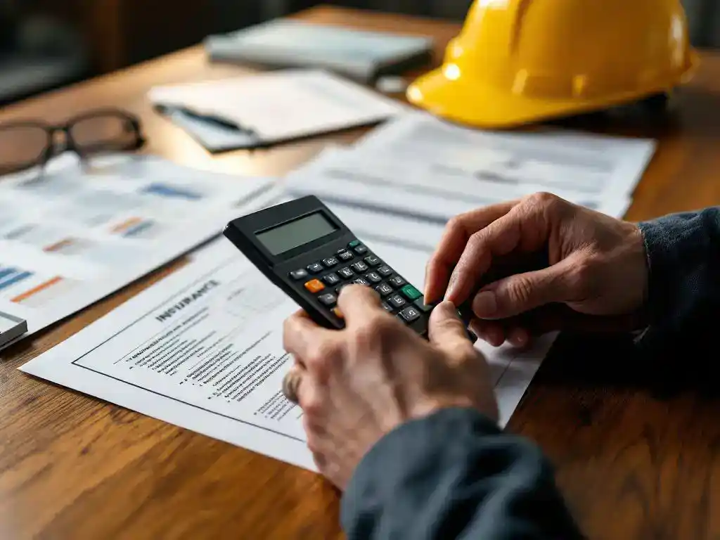Professional calculating workplace injury costs on calculator with incident reports, medical bills, and safety equipment on desk