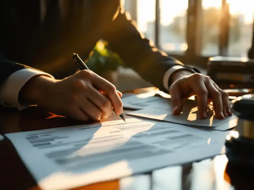 Business person with wrist cast reviewing workers' compensation check and tax documents at office desk in natural sunlight