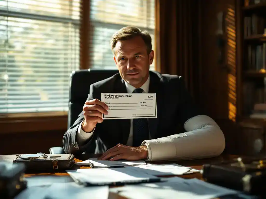 Person in business suit holding workers' compensation check while wearing arm sling, sitting at desk with scattered paperwork.