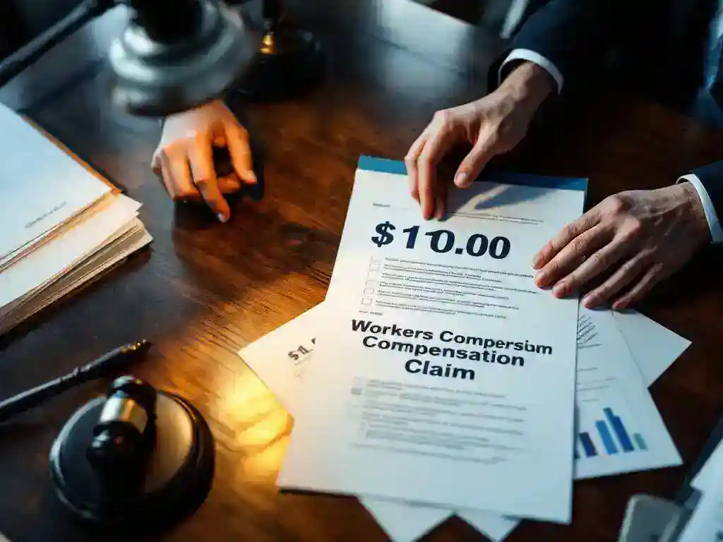 Businessman in dark suit reviewing workers' compensation claim form at mahogany desk with calculator and legal documents