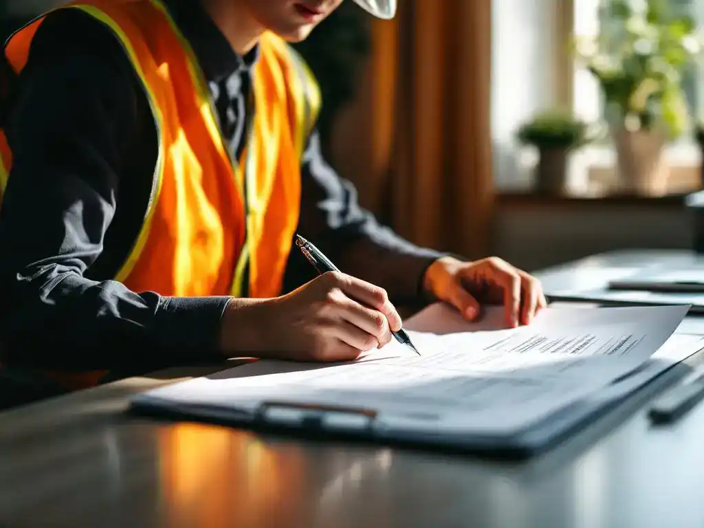 Office worker in business attire reviewing compensation claim documents at desk with hard hat and safety vest nearby