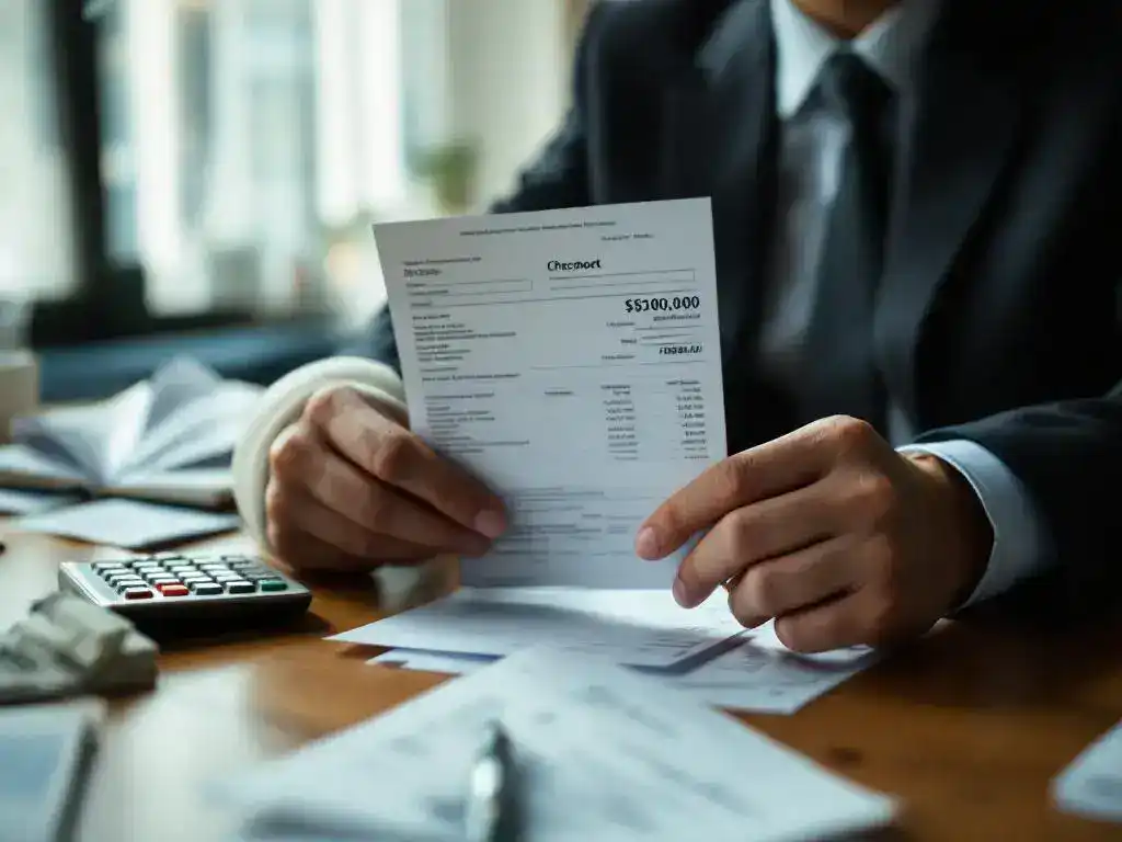 Person in business attire with arm cast holding paycheck while reviewing medical bills and insurance paperwork at desk.