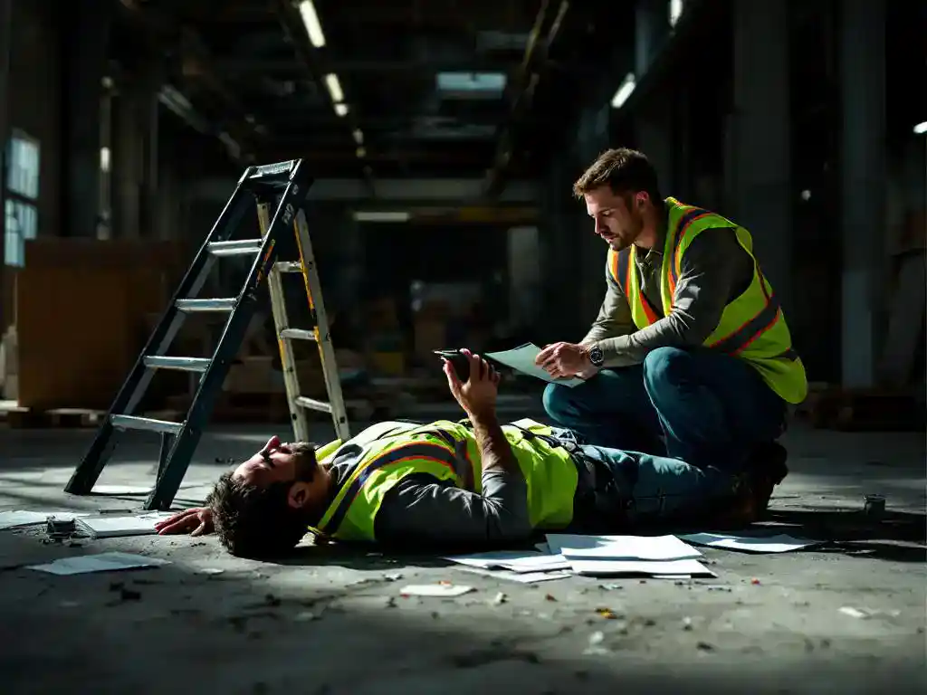 Construction worker in yellow safety vest on ground after ladder fall, with coworker helping in industrial warehouse setting.
