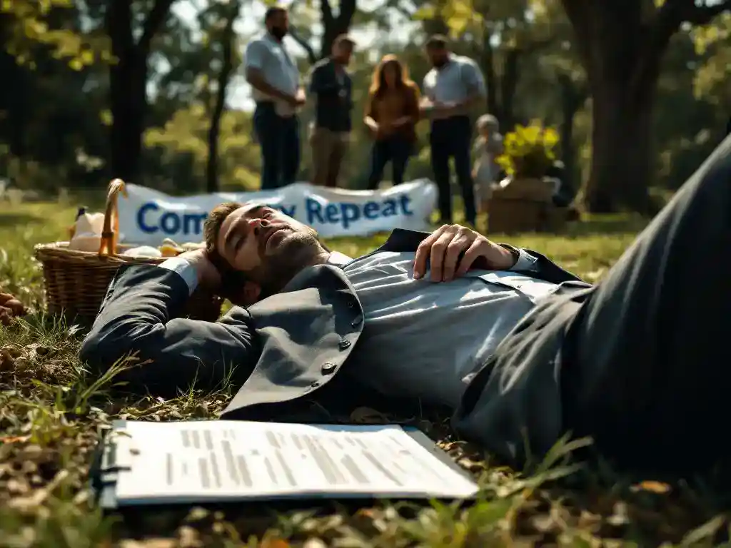 Business professional in suit lying on ground next to scattered picnic items while concerned colleagues gather around at outdoor corporate retreat.