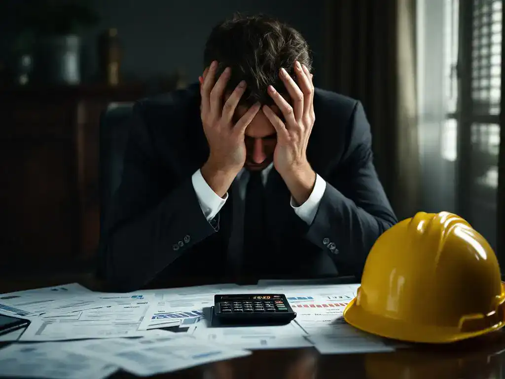 Stressed businessman at desk with head in hands, financial documents scattered around, yellow hard hat in foreground.