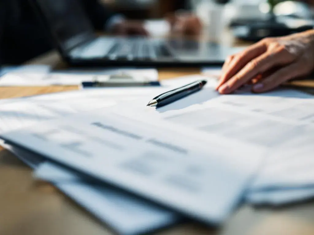 Professional hands organizing workplace accident documents and incident report forms on wooden desk with pen and clipboard