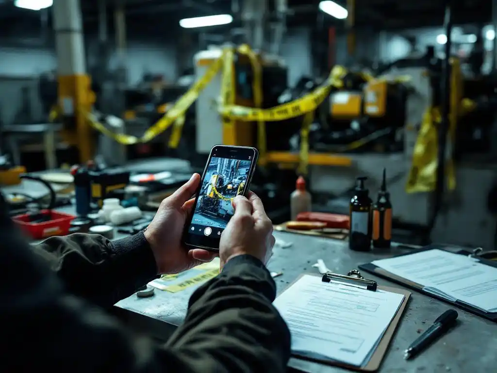 Professional investigator photographing damaged industrial equipment with smartphone, evidence tape and incident forms visible
