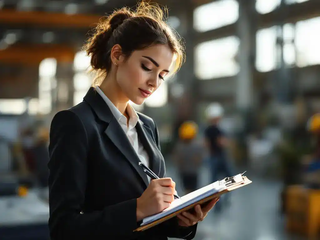 Professional woman in business suit taking detailed notes on clipboard while observing workplace, modern office background