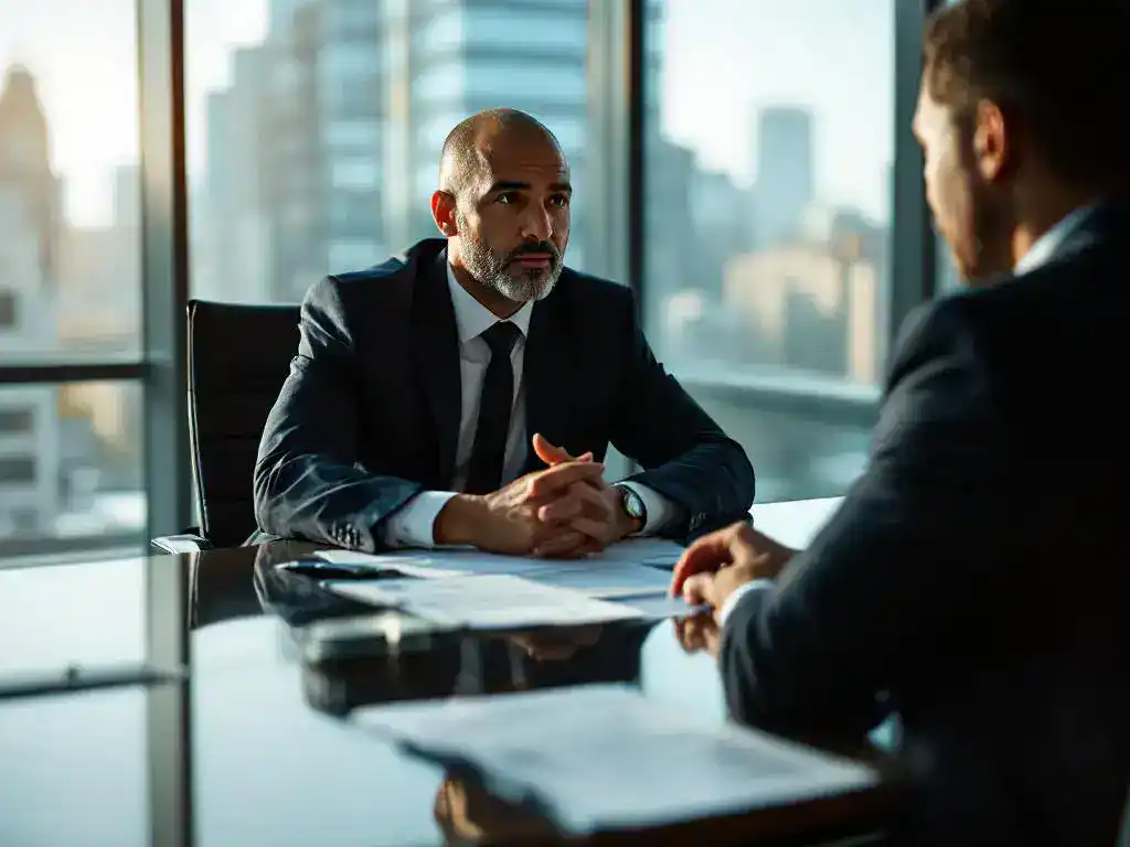 Professional and insurance adjuster discussing workplace injury claim documents at conference table in modern office.