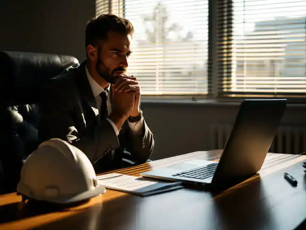 Office worker in business attire holding injured wrist at desk with safety hardhat and manual beside open laptop