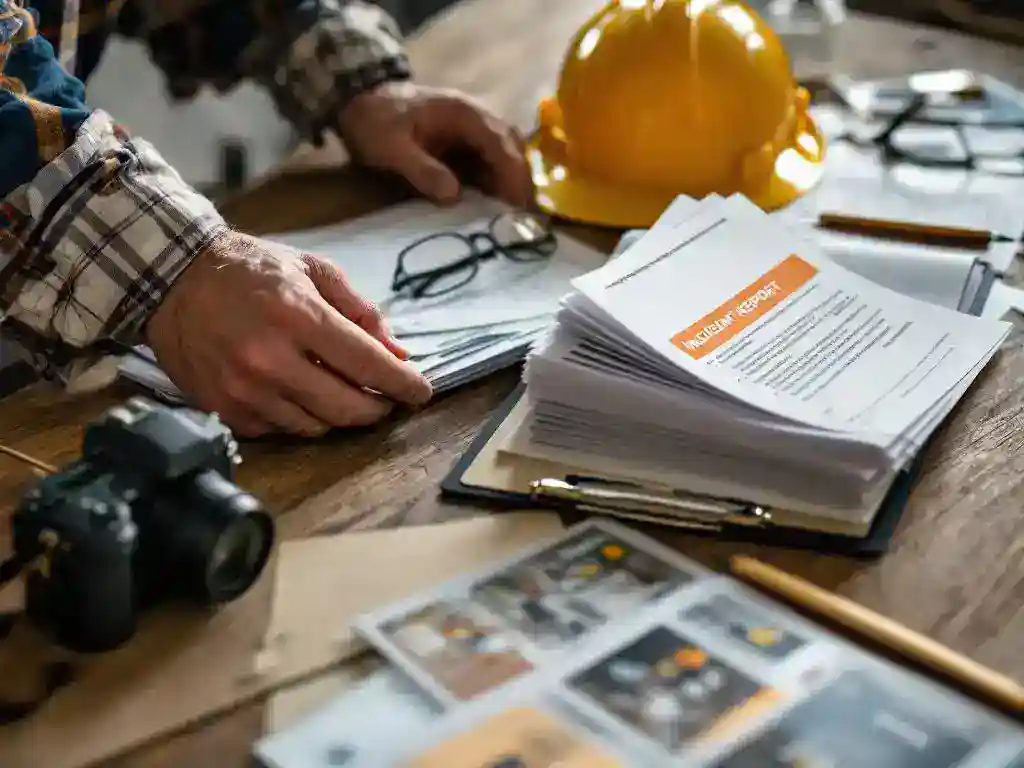 Construction worker's hands organizing incident report forms on clipboard with safety equipment and documentation nearby