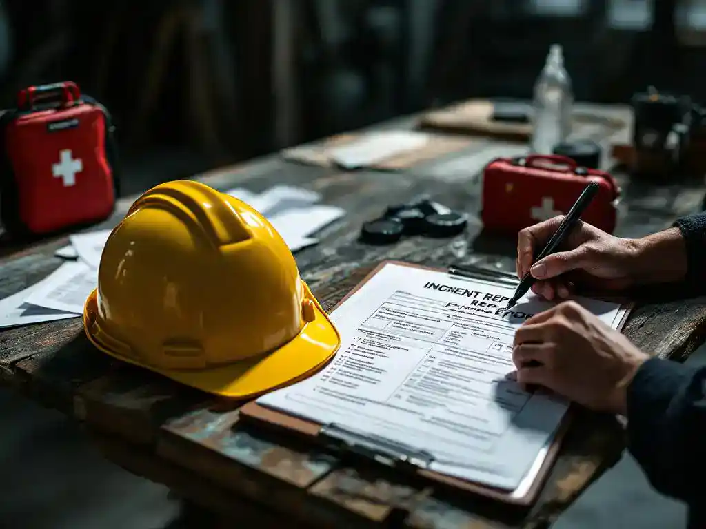 Construction worker's yellow hard hat on incident report clipboard with safety documents and first aid kit on workbench