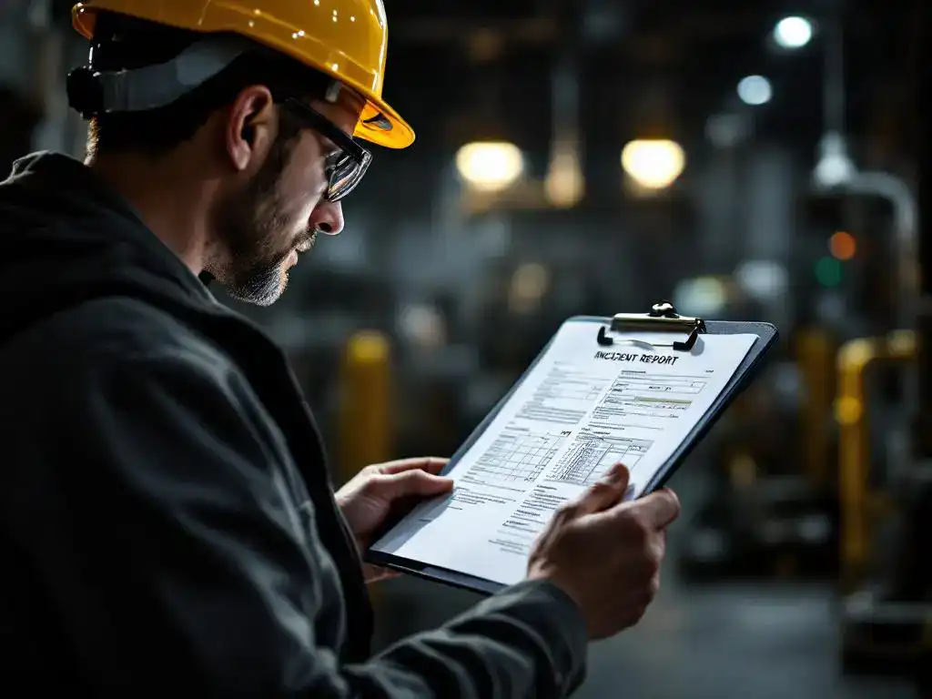 Professional safety inspector in hard hat reviewing incident report on clipboard in industrial workplace with safety equipment