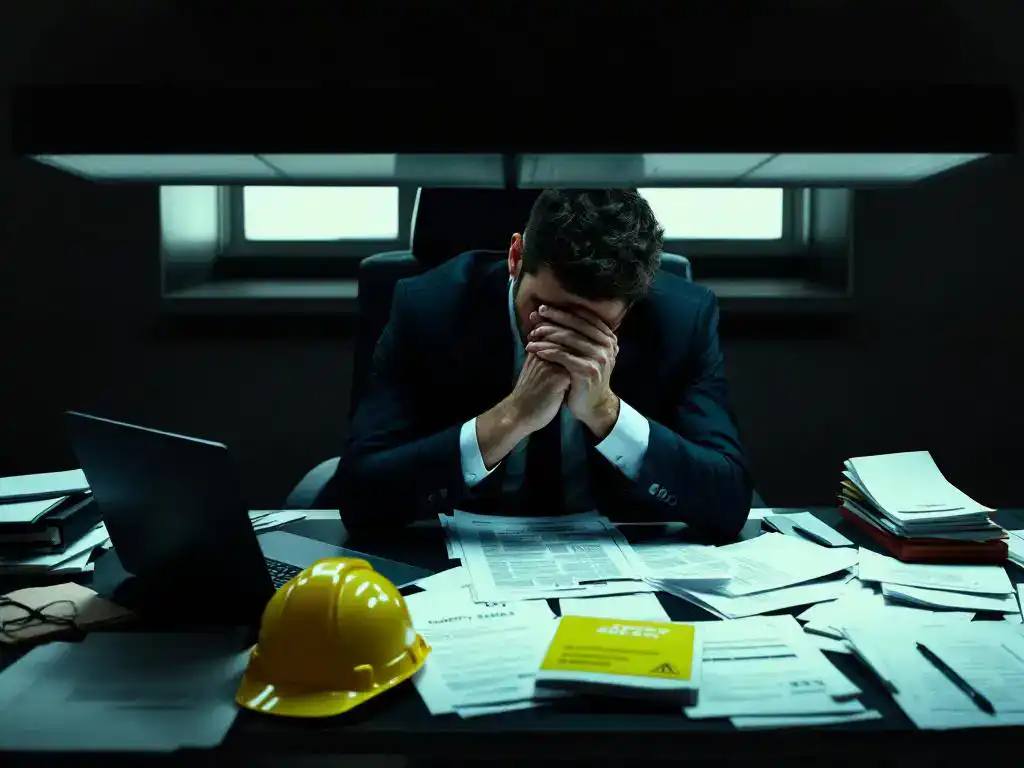 Business person with head in hands at desk covered in workplace safety documents, hard hat, and laptop in office setting.