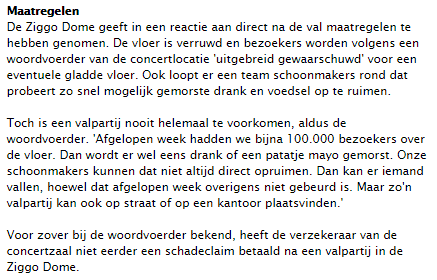 Een stuk in het Parool over de maatregelen die de Ziggo Dome heeft genomen na de valpartij met letselschade tot gevolg.