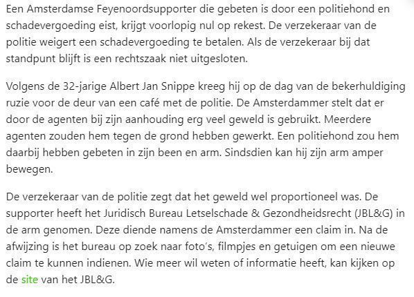 Door politiehond gebeten Feyenoord fan wil geld zien