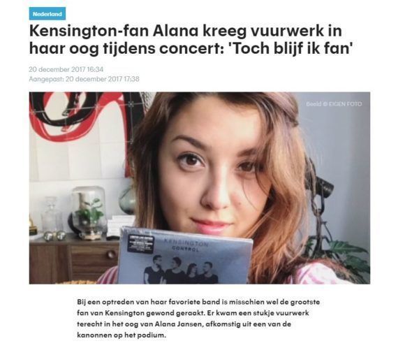 Kensington-fan Alana kreeg vuurwerk in haar oog tijdens concert