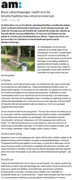 Am:web besteedde aandacht aan de letselschadezaak die JBL&G aanspant voor een cliënt die letselschade heeft opgelopen door de eikenprocessierupsen op een recreatiepark in Overijssel.