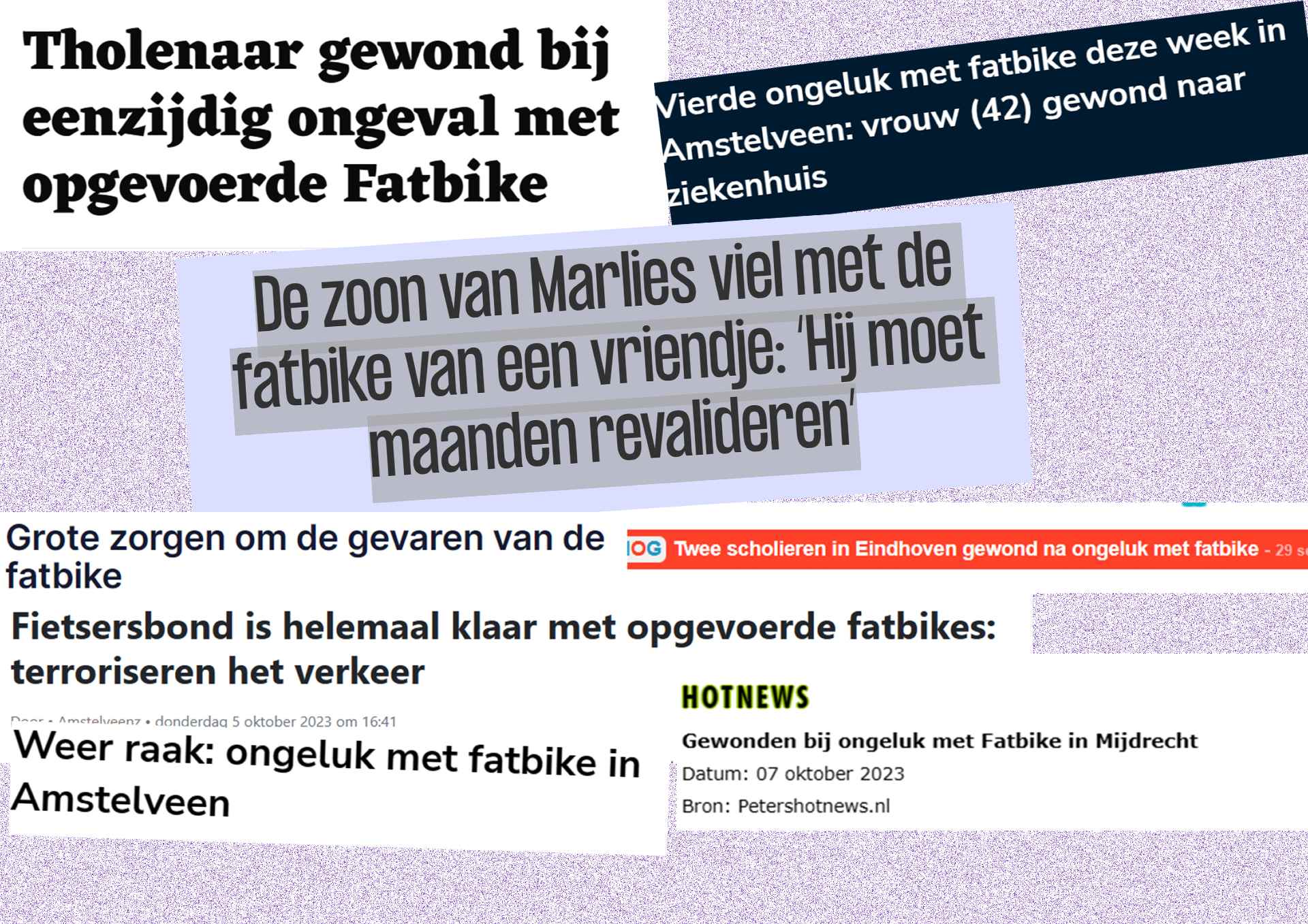 Artikelen in verschillende kranten over ongelukken met fatbikes.