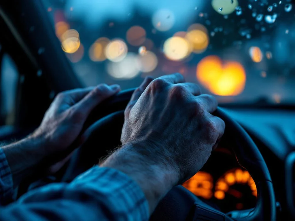 Trillende handen grijpen stuurwiel vast met witte knokkels, regendruppels op ruit symboliseren angst na auto-ongeluk