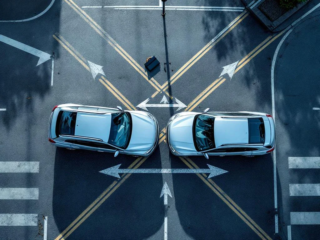 Bovenaanzicht van kleine auto-aanrijding op Europees kruispunt met twee voertuigen en juridische documenten nabij
