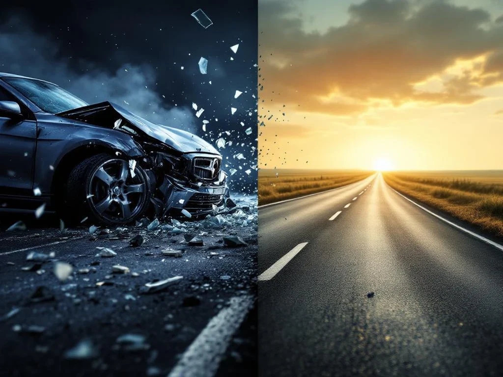 Auto-ongeluk met verkreukeld metaal en glas gaat over in hoopvolle weg naar herstel en toekomst
