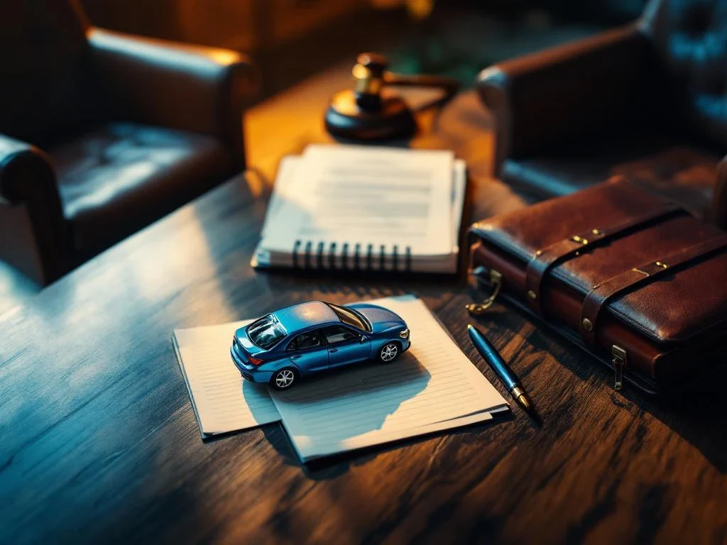 Beschadigde auto-miniatuur op bureau met juridische documenten tijdens consultatie na verkeersongeval