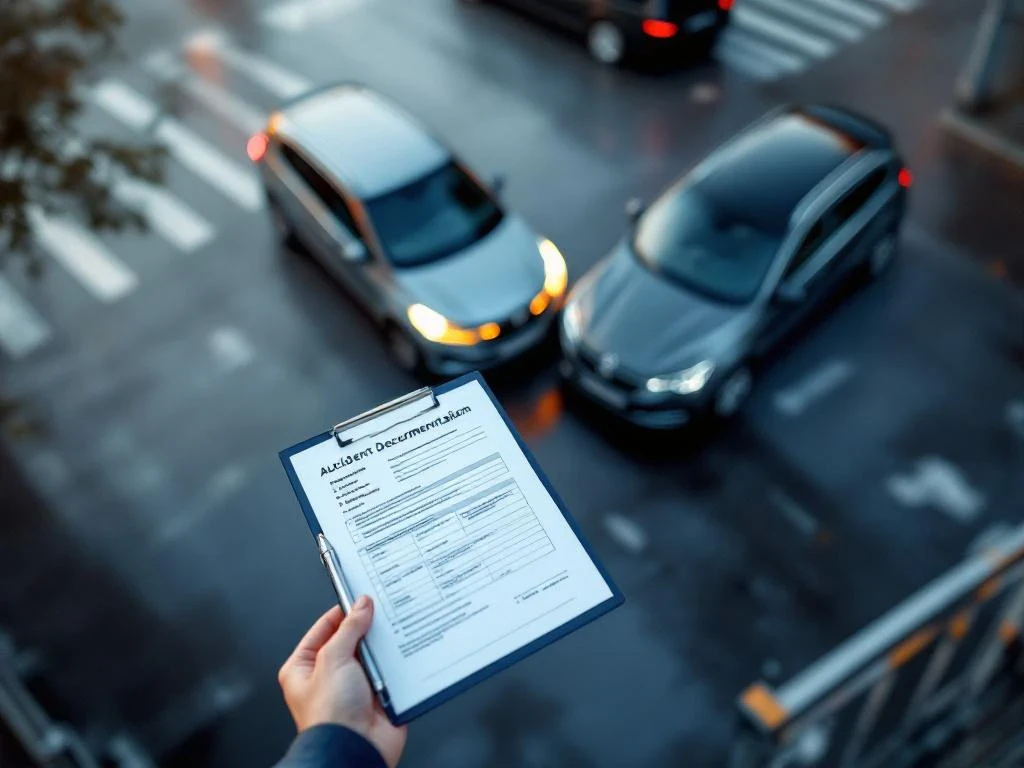 Hand met klembord documenteert kleine auto-aanrijding op Nederlands kruispunt, voertuigen onder hoek na botsing