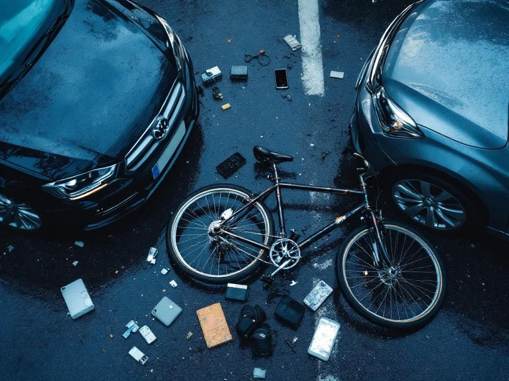 Beschadigde fiets naast autobumper op nat asfalt na verkeersongeval met persoonlijke spullen en bandensporen