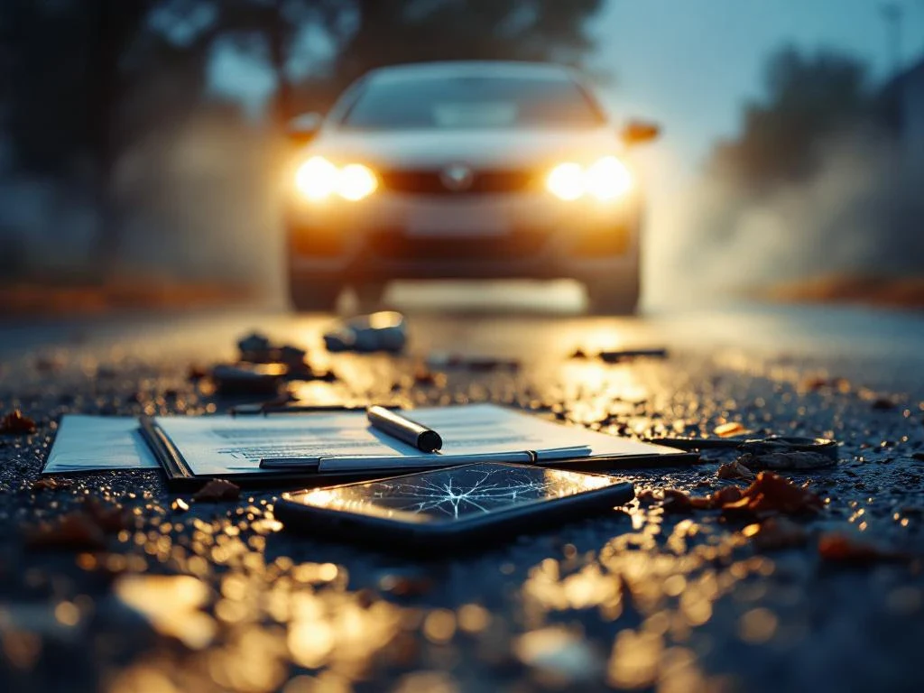 Gebroken smartphone en persoonlijke spullen op nat asfalt na verkeersongeval, met juridische documenten op klembord