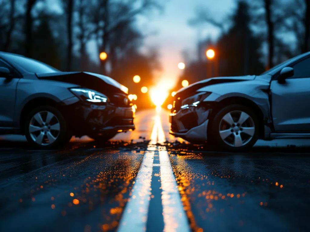 Twee beschadigde auto's na botsing op kruispunt met juridische documenten en weegschaal, gouden uurtje verlichting