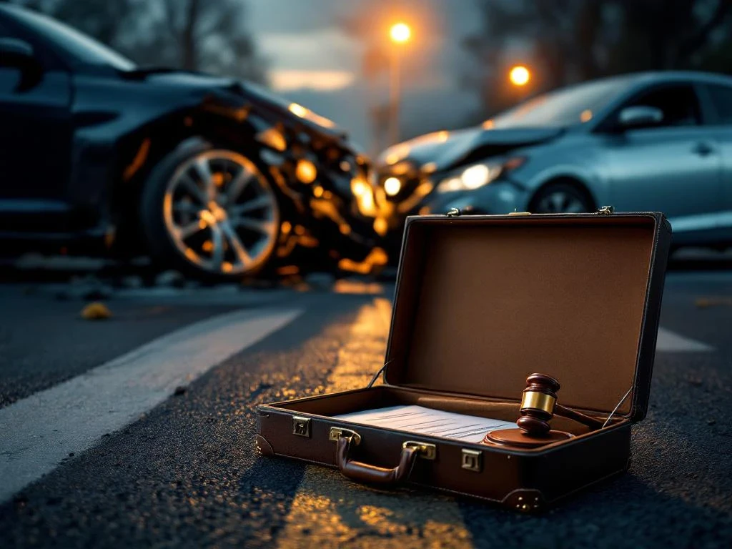 Open leren aktetas met juridische documenten en hamer op asfalt na auto-ongeluk op kruispunt